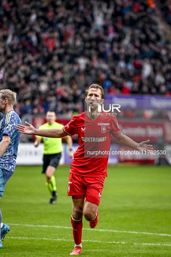 FC Twente midfielder Michel Vlap celebrates the 1-0 goal during the match between Twente and Ajax at the Grolsch Veste stadium for the Dutch...