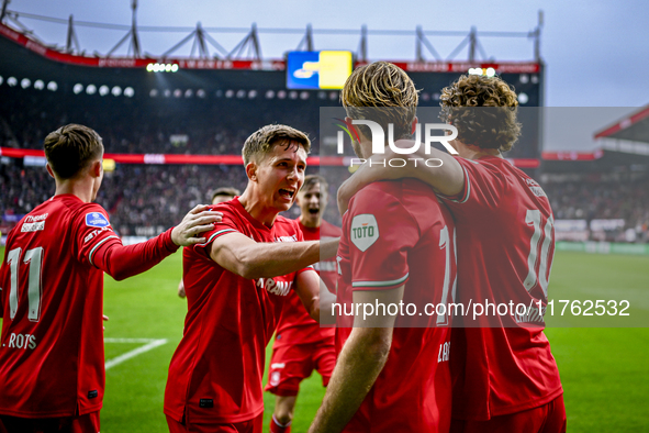 Players of FC Twente celebrate the goal by FC Twente midfielder Michel Vlap, making it 1-0, alongside FC Twente defender Max Bruns, during t...