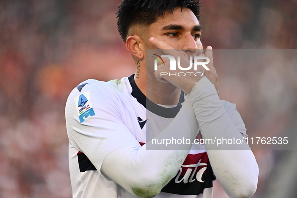 Santiago Castro of Bologna F.C. celebrates after scoring the goal of 0-1 during the 12th day of the Serie A Championship between A.S. Roma a...