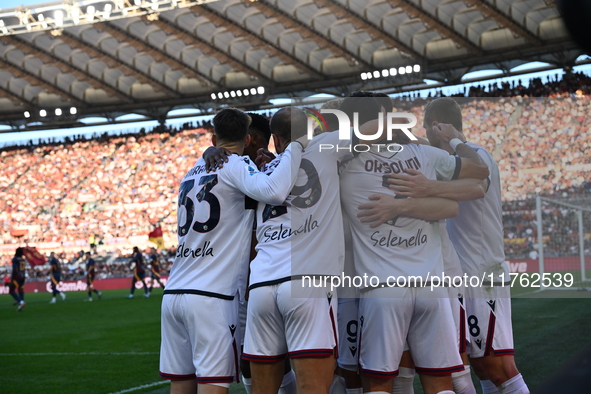 Santiago Castro of Bologna F.C. celebrates after scoring the goal of 0-1 during the 12th day of the Serie A Championship between A.S. Roma a...