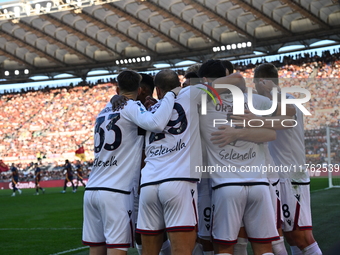 Santiago Castro of Bologna F.C. celebrates after scoring the goal of 0-1 during the 12th day of the Serie A Championship between A.S. Roma a...