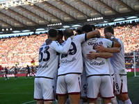 Santiago Castro of Bologna F.C. celebrates after scoring the goal of 0-1 during the 12th day of the Serie A Championship between A.S. Roma a...