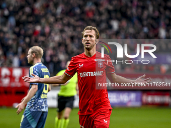 FC Twente midfielder Michel Vlap celebrates the 1-0 goal during the match between Twente and Ajax at the Grolsch Veste stadium for the Dutch...