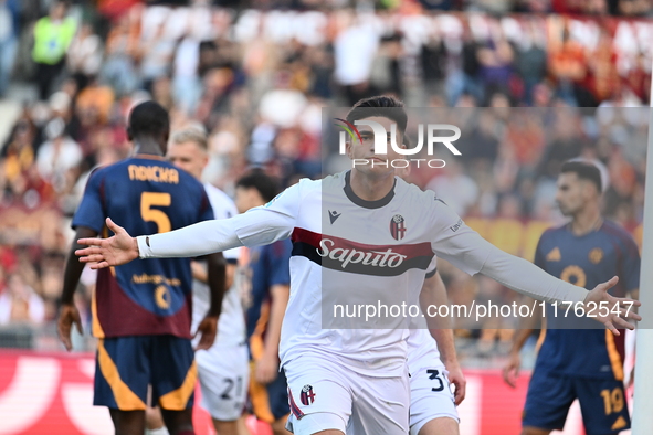 Santiago Castro of Bologna F.C. celebrates after scoring the goal of 0-1 during the 12th day of the Serie A Championship between A.S. Roma a...