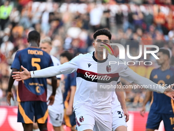 Santiago Castro of Bologna F.C. celebrates after scoring the goal of 0-1 during the 12th day of the Serie A Championship between A.S. Roma a...