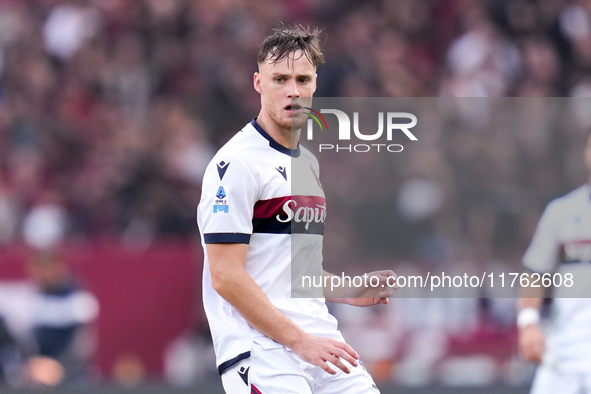 Sam Beukema of Bologna FC looks on during the Serie A Enilive match between AS Roma and Bologna FC at Stadio Olimpico on November 10, 2024 i...