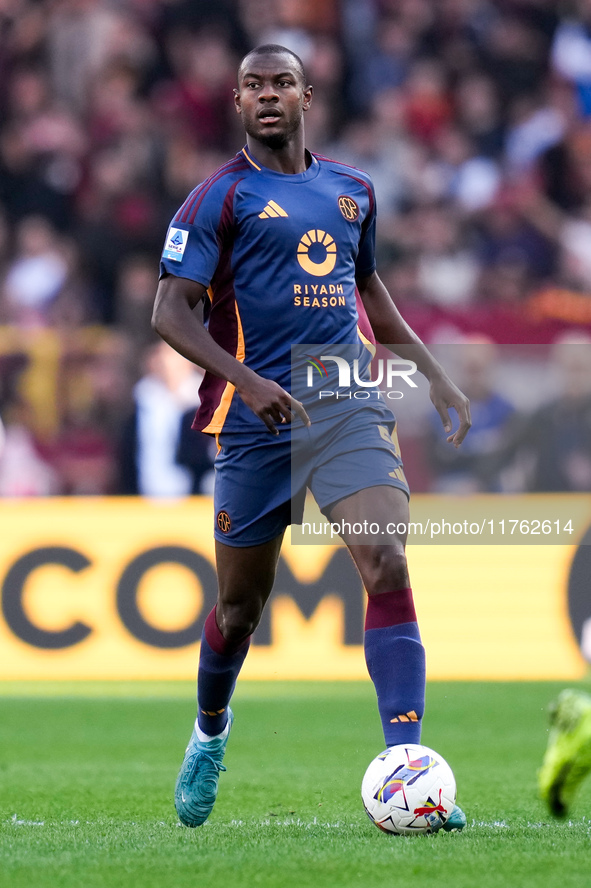 Evan Ndicka of AS Roma during the Serie A Enilive match between AS Roma and Bologna FC at Stadio Olimpico on November 10, 2024 in Rome, Ital...