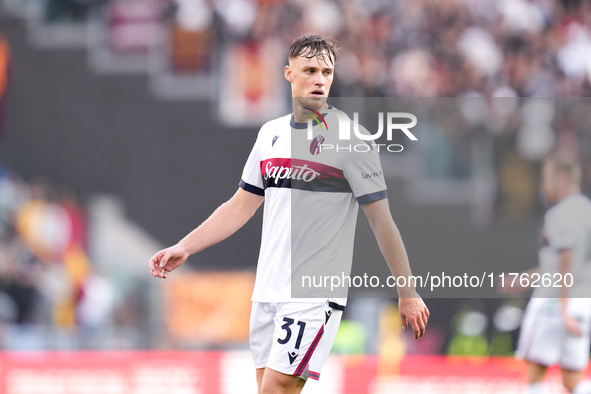 Sam Beukema of Bologna FC looks on during the Serie A Enilive match between AS Roma and Bologna FC at Stadio Olimpico on November 10, 2024 i...