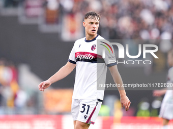 Sam Beukema of Bologna FC looks on during the Serie A Enilive match between AS Roma and Bologna FC at Stadio Olimpico on November 10, 2024 i...