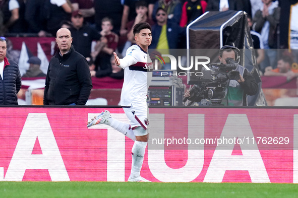 Santiago Castro of Bologna FC celebrates after scoring first goal during the Serie A Enilive match between AS Roma and Bologna FC at Stadio...