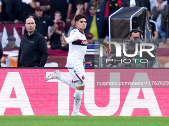 Santiago Castro of Bologna FC celebrates after scoring first goal during the Serie A Enilive match between AS Roma and Bologna FC at Stadio...