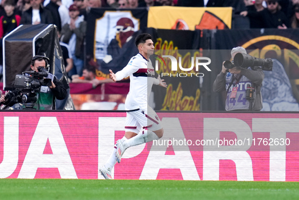 Santiago Castro of Bologna FC celebrates after scoring first goal during the Serie A Enilive match between AS Roma and Bologna FC at Stadio...