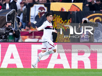 Santiago Castro of Bologna FC celebrates after scoring first goal during the Serie A Enilive match between AS Roma and Bologna FC at Stadio...