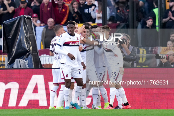 Santiago Castro of Bologna FC celebrates after scoring first goal during the Serie A Enilive match between AS Roma and Bologna FC at Stadio...