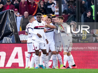 Santiago Castro of Bologna FC celebrates after scoring first goal during the Serie A Enilive match between AS Roma and Bologna FC at Stadio...