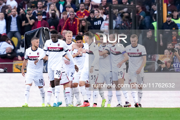 Santiago Castro of Bologna FC celebrates after scoring first goal during the Serie A Enilive match between AS Roma and Bologna FC at Stadio...