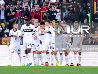 Santiago Castro of Bologna FC celebrates after scoring first goal during the Serie A Enilive match between AS Roma and Bologna FC at Stadio...