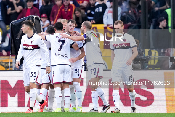 Santiago Castro of Bologna FC celebrates after scoring first goal during the Serie A Enilive match between AS Roma and Bologna FC at Stadio...