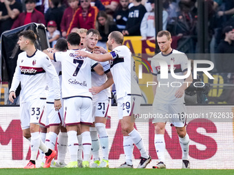 Santiago Castro of Bologna FC celebrates after scoring first goal during the Serie A Enilive match between AS Roma and Bologna FC at Stadio...