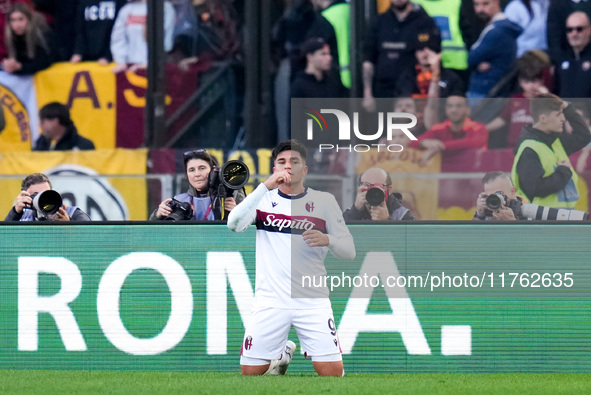 Santiago Castro of Bologna FC celebrates after scoring first goal during the Serie A Enilive match between AS Roma and Bologna FC at Stadio...