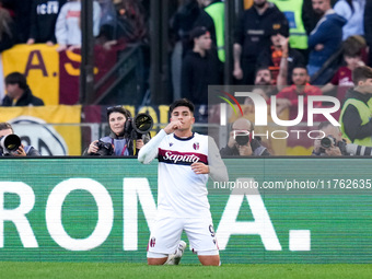 Santiago Castro of Bologna FC celebrates after scoring first goal during the Serie A Enilive match between AS Roma and Bologna FC at Stadio...