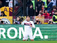 Santiago Castro of Bologna FC celebrates after scoring first goal during the Serie A Enilive match between AS Roma and Bologna FC at Stadio...