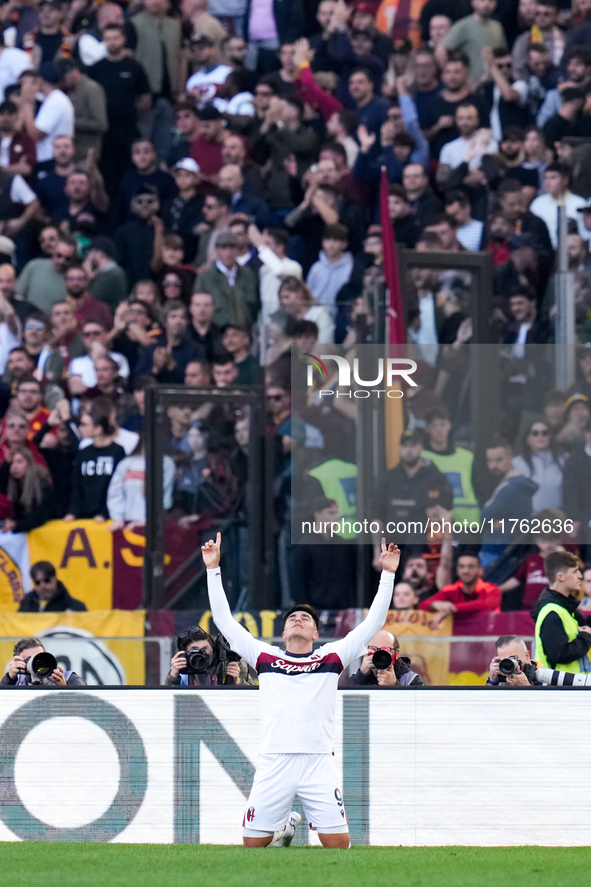 Santiago Castro of Bologna FC celebrates after scoring first goal during the Serie A Enilive match between AS Roma and Bologna FC at Stadio...