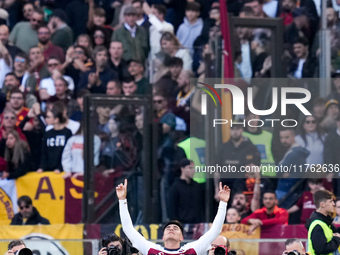 Santiago Castro of Bologna FC celebrates after scoring first goal during the Serie A Enilive match between AS Roma and Bologna FC at Stadio...