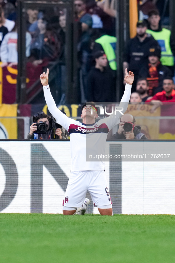 Santiago Castro of Bologna FC celebrates after scoring first goal during the Serie A Enilive match between AS Roma and Bologna FC at Stadio...