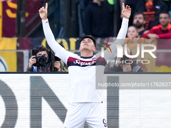 Santiago Castro of Bologna FC celebrates after scoring first goal during the Serie A Enilive match between AS Roma and Bologna FC at Stadio...