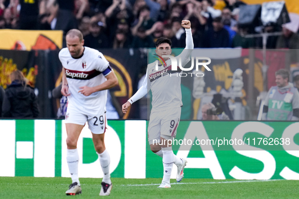 Santiago Castro of Bologna FC celebrates after scoring first goal during the Serie A Enilive match between AS Roma and Bologna FC at Stadio...