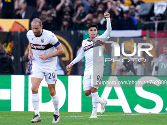 Santiago Castro of Bologna FC celebrates after scoring first goal during the Serie A Enilive match between AS Roma and Bologna FC at Stadio...