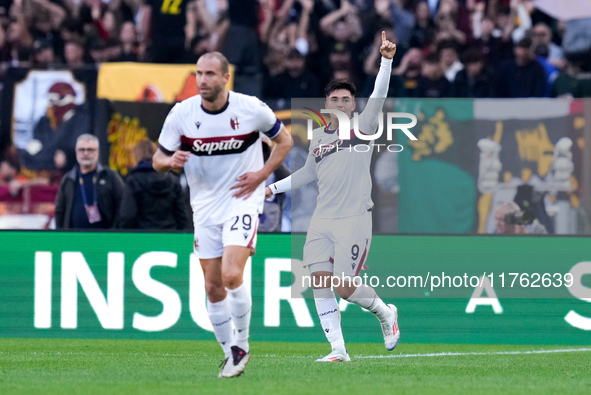 Santiago Castro of Bologna FC celebrates after scoring first goal during the Serie A Enilive match between AS Roma and Bologna FC at Stadio...