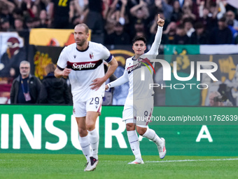 Santiago Castro of Bologna FC celebrates after scoring first goal during the Serie A Enilive match between AS Roma and Bologna FC at Stadio...