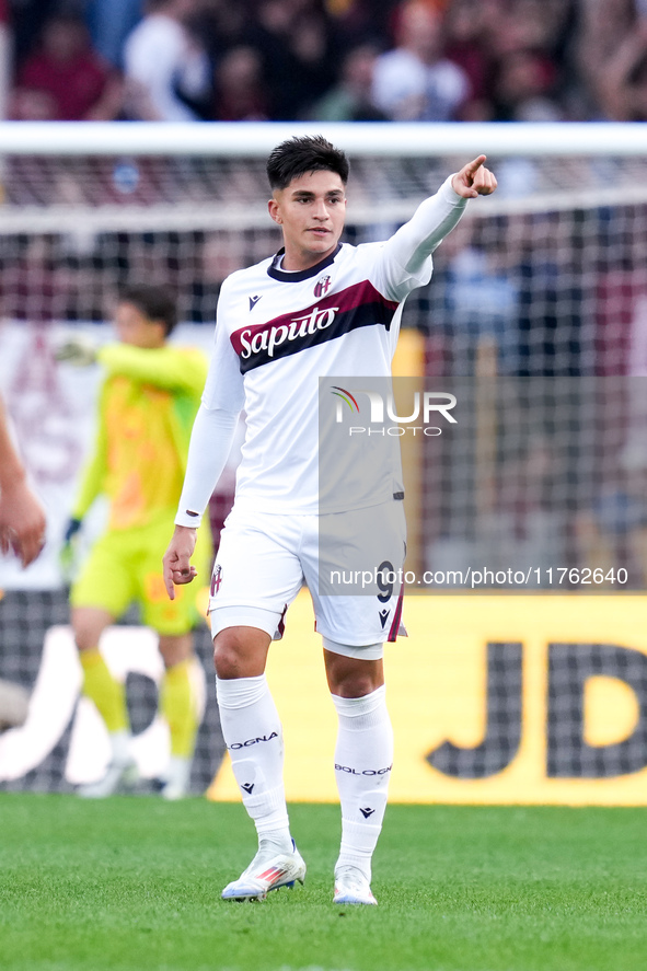 Santiago Castro of Bologna FC celebrates after scoring first goal during the Serie A Enilive match between AS Roma and Bologna FC at Stadio...