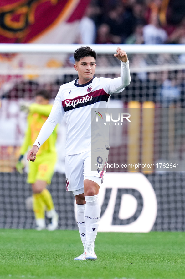 Santiago Castro of Bologna FC celebrates after scoring first goal during the Serie A Enilive match between AS Roma and Bologna FC at Stadio...