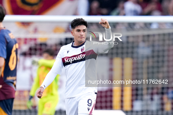 Santiago Castro of Bologna FC celebrates after scoring first goal during the Serie A Enilive match between AS Roma and Bologna FC at Stadio...