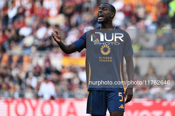 Evan Ndicka of A.S. Roma participates in the 12th day of the Serie A Championship between A.S. Roma and Bologna F.C. at the Olympic Stadium...