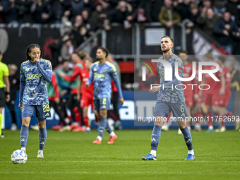 AFC Ajax Amsterdam midfielders Jordan Henderson and Kian Fitz-Jim are disappointed after the goal by FC Twente midfielder Michel Vlap, makin...