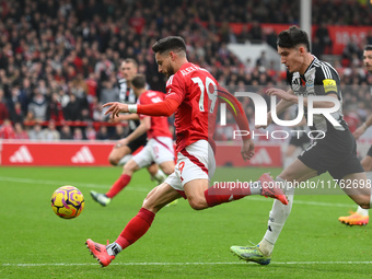 Alex Moreno of Nottingham Forest lines up a cross during the Premier League match between Nottingham Forest and Newcastle United at the City...