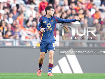 Matias Soule' of AS Roma gestures during the Serie A Enilive match between AS Roma and Bologna FC at Stadio Olimpico on November 10, 2024 in...