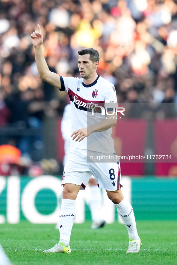 Remo Freuler of Bologna FC gestures during the Serie A Enilive match between AS Roma and Bologna FC at Stadio Olimpico on November 10, 2024...