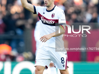 Remo Freuler of Bologna FC gestures during the Serie A Enilive match between AS Roma and Bologna FC at Stadio Olimpico on November 10, 2024...