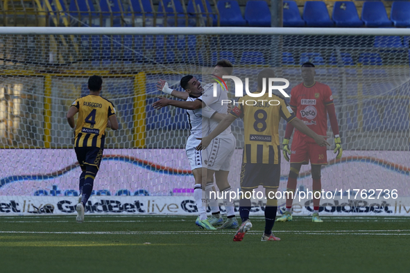 Francesco Pio Esposito of Spezia Calcio celebrates with team mates after scoring during the Serie B match between SS Juve Stabia and Spezia...