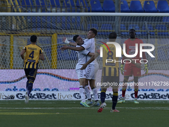 Francesco Pio Esposito of Spezia Calcio celebrates with team mates after scoring during the Serie B match between SS Juve Stabia and Spezia...