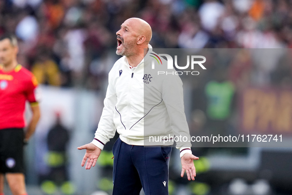 Vincenzo Italiano head coach of Bologna FC yells during the Serie A Enilive match between AS Roma and Bologna FC at Stadio Olimpico on Novem...