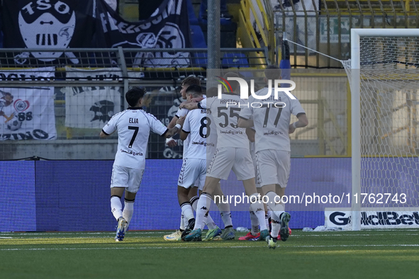 Francesco Pio Esposito of Spezia Calcio celebrates with team mates after scoring during the Serie B match between SS Juve Stabia and Spezia...