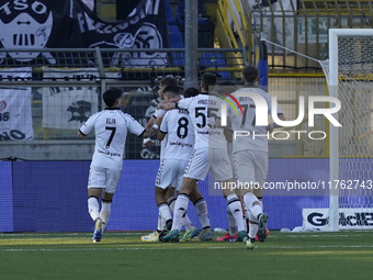 Francesco Pio Esposito of Spezia Calcio celebrates with team mates after scoring during the Serie B match between SS Juve Stabia and Spezia...