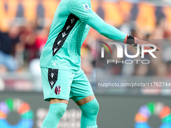 Lukasz Skorupski of Bologna FC gestures during the Serie A Enilive match between AS Roma and Bologna FC at Stadio Olimpico on November 10, 2...