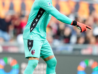 Lukasz Skorupski of Bologna FC gestures during the Serie A Enilive match between AS Roma and Bologna FC at Stadio Olimpico on November 10, 2...